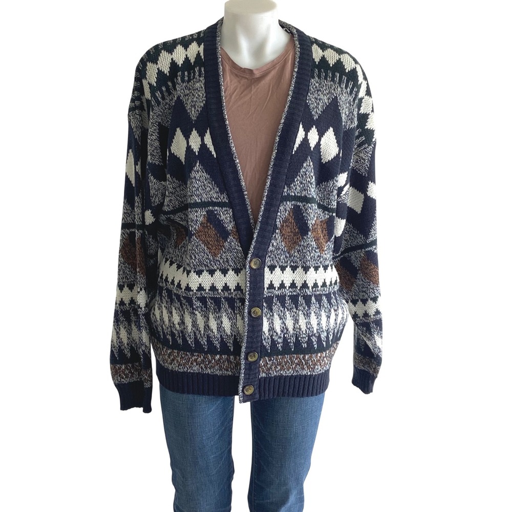 Michael Gerald Vintage Mens Geometric Fair Isle Cardigan Sweater Navy Blue Sz‎ M